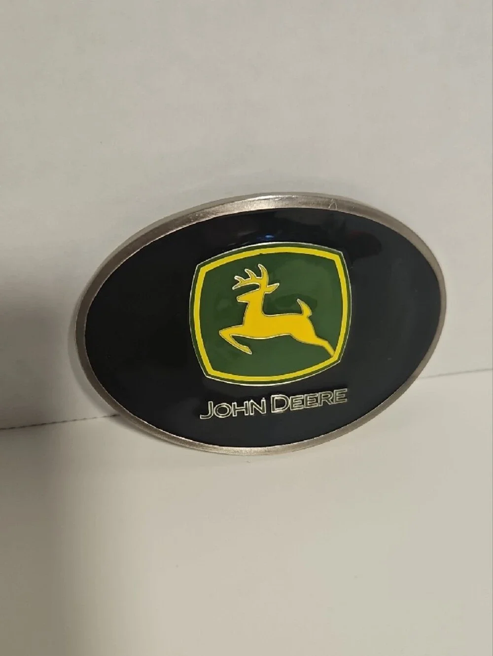 John Deere Black, Green & Yellow Enamel And Pewter Oval Belt Buckle